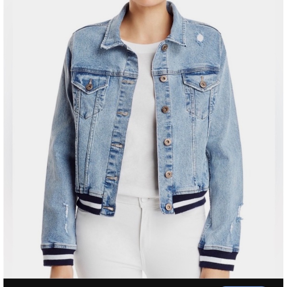 Pistola Brando Light Wash Denim Bomber Jacket Striped Ribbed Trim